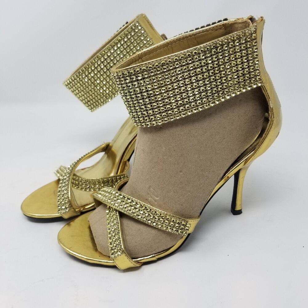 Red Circle Gold Crystals Ankle Stilettos Heels Zipper Back Blekis Women's Size 9 - Picture 3 of 16
